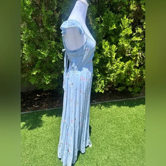 Blue Ruched Maxi Sundress with Flutter Cap Sleeves - Picture 2 of 6